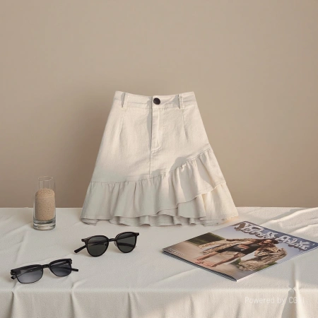 2026 Spring/Summer new half-length skirt: White denim irregular ruffled A-line skirt, high-waisted short skirt for women to prevent exposure. 100539358 2026 Spring/Summer new half-length skirt: White denim irregular ruffled A-line skirt, high-waisted short skirt for women to prevent exposure. 100539358